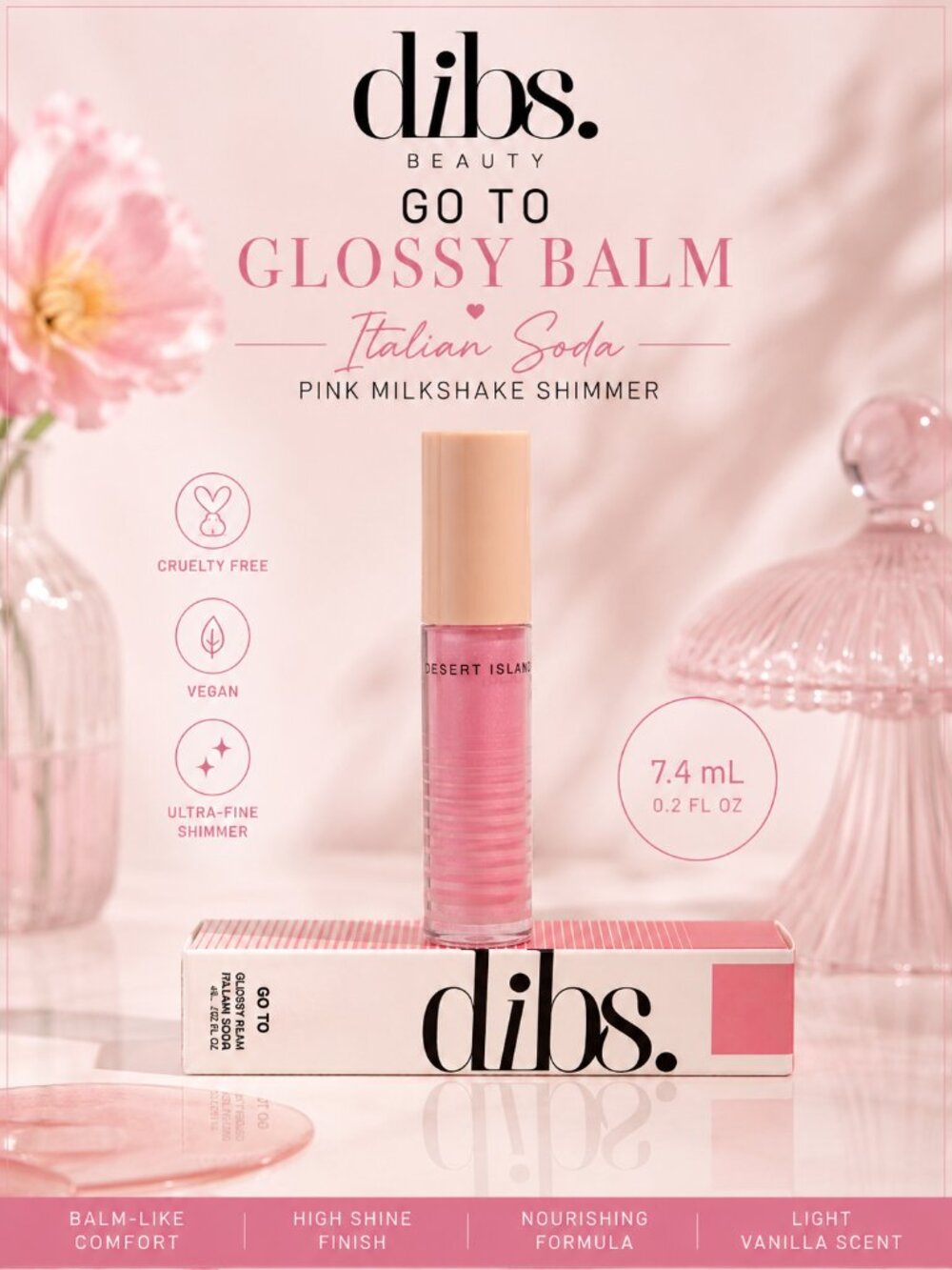 DIBS Beauty Go To Glossy Balm Italian Soda Pink Shimmer Lip Gloss NIB